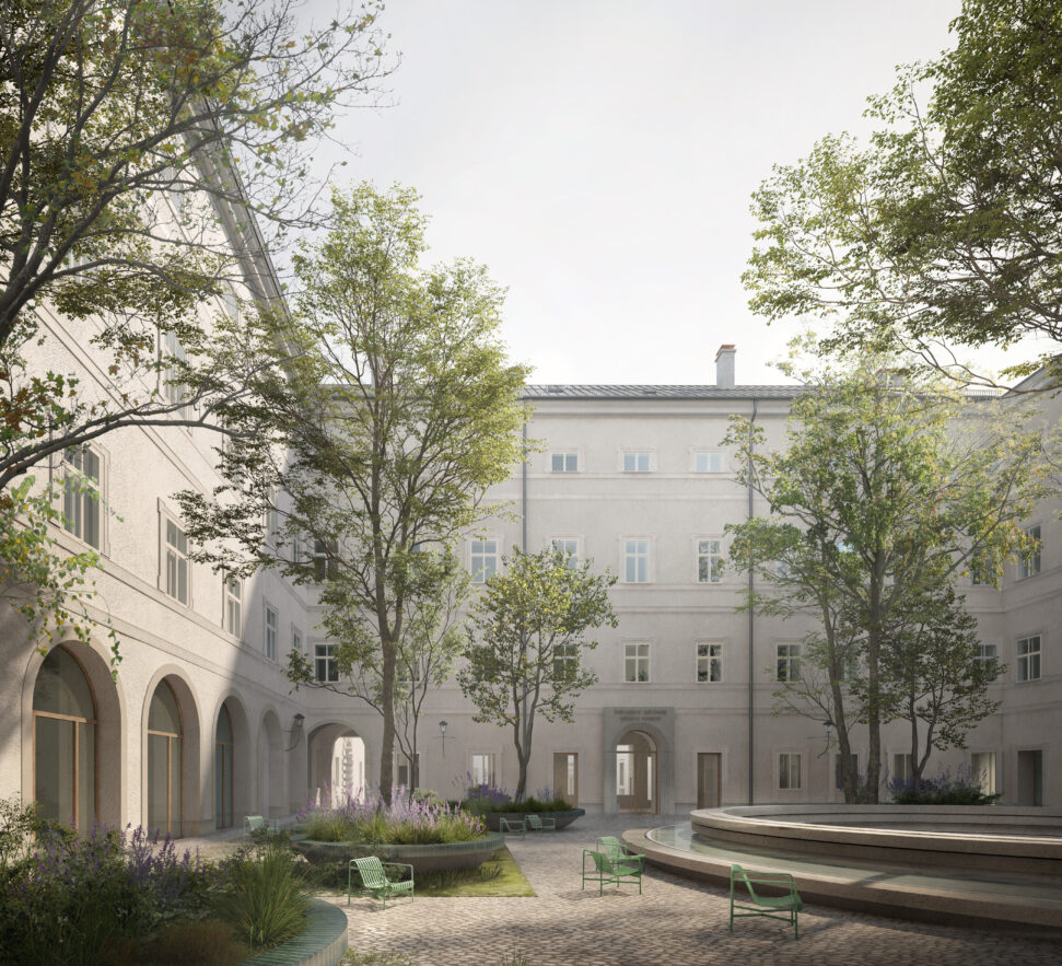 Der Innenhof beim zukünftigen "Belvedere Salzburg" wird als grüne Oase im Zentrum der Altstadt gestaltet. © Filippo Bolognese Images