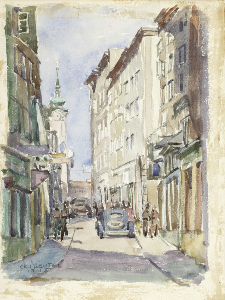 Erli Beutel-Windischbauer (1922–2014), Blick in Linzer Gasse in Salzburg Richtung Sebastianskirche, 1945, Aquarell über Bleistift © Salzburg Museum