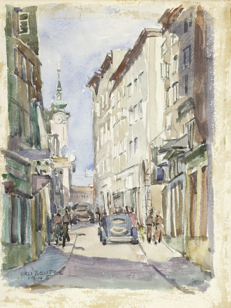 Erli Beutel-Windischbauer (1922–2014), Blick in Linzer Gasse in Salzburg Richtung Sebastianskirche, 1945, Aquarell über Bleistift © Salzburg Museum