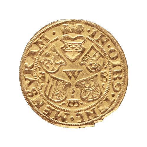 Heiliger Leopold mit Fahne Altösterreichs und Kirchenmodell stehend, zu seinen Füßen links das Wappen Altösterreichs (Lerchenwappen). Umschrift mit Jahreszahl. Rückseite: Buchstabe W, darum im Kreis die fünf Wappenschilde von Neuösterreich (Bindenschild) unter dem Erzherzogshut, Kärnten, Krain, Österreich ob der Enns und der Steiermark. Umschrift mit Sinnspruch IN OMNIBUS TENE MENSURAM (Halte Maß in allen Dingen). Rand beschnitten. Stammt aus dem 1969 entdeckten Münzschatz von Werfen im Pongau.