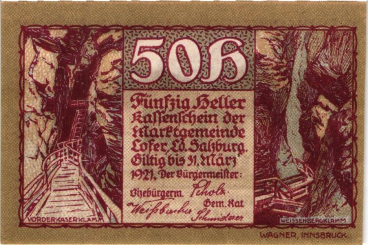 Marktgemeinde Lofer, Salzburg, Herausgeber, O. Hengst, Innsbruck, Entwerfer, Wagner, Innsbruck, Drucker, 50 Heller, Notgeldschein der Marktgemeinde Lofer, Salzburg, 1921, Papier, bedruckt, 54 x 80 mm, Inv.-Nr. MÜ 52890 © Salzburg Museum