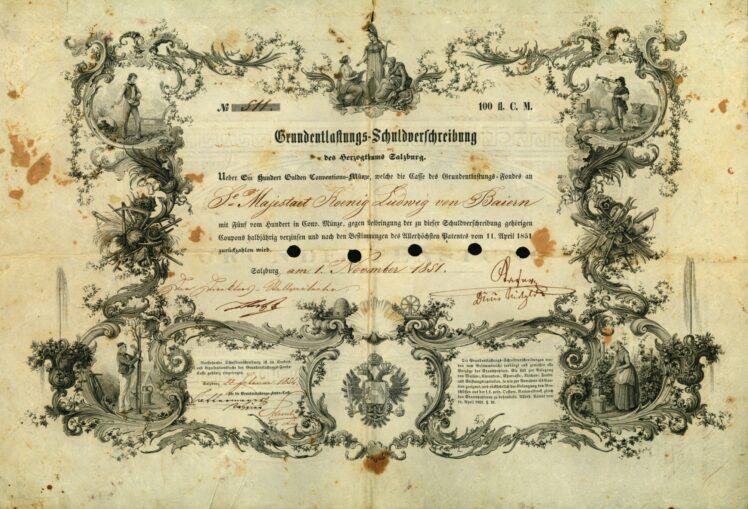 Grundentlastungs-Fonds-Casse, König Ludwig I. von Bayern (1825–1848) (1786–1868), Grundentlastungs-Schuldverschreibung des Herzogtums Salzburg zu 100 Gulden, 1.11.1851, Papier, bedruckt, beschriftet, 299 mm, Inv.-Nr. MÜ 41369 © Salzburg Museum