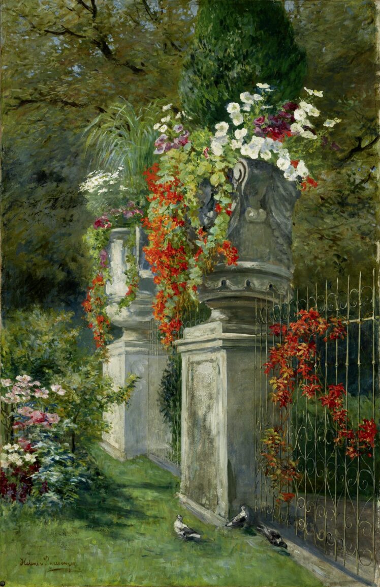 Helene von Pausinger (1871–1956), Zwei Blumenvasen und überwachsenes Gitter im Salzburger Mirabellgarten, um 1910, Öl auf Papier auf Leinwand, 108,5 x 70 cm, Inv.-Nr. 1396-2005 © Salzburg Museum (Dauerleihgabe Salzburger Museumsverein)