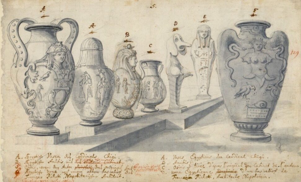 Johann Bernhard Fischer von Erlach (1656 - 1723), Ägyptische Vasen (Vorzeichnung zu Historische Architektur V/5), vor 1712, Bleigriffel, Tusche laviert © Salzburg Museum
