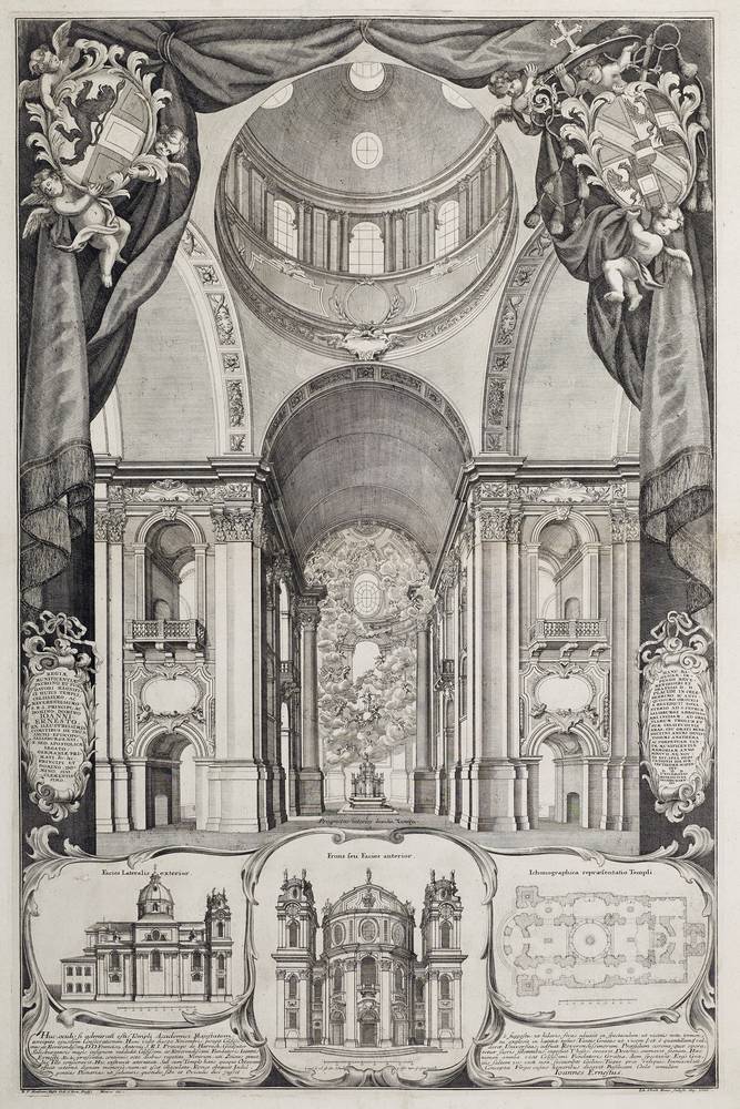 Johann Ulrich Krauß (Kraus) (1655 - 1719), Ämilian Rösch Frater OSB (1639 - 1711), Dedikationsstich zur Kollegienkirche, 1707, Kupferstich © Salzburg Museum