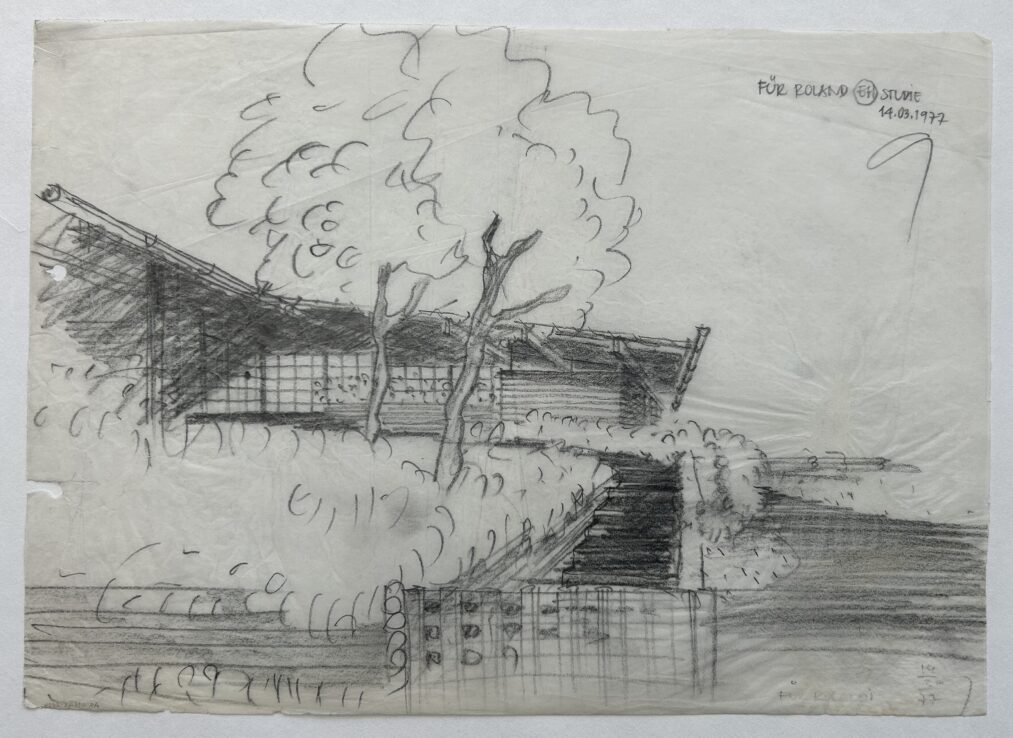 Gerhard Garstenauer (1925–2016), Wohn- und Atelierhaus Gerhard Garstenauer, Schwarzenberg-Promenade 1 (Gänsbrunn 2); Eigenheim, 1977, Transparenzpapier/Bleistift © Salzburg Museum