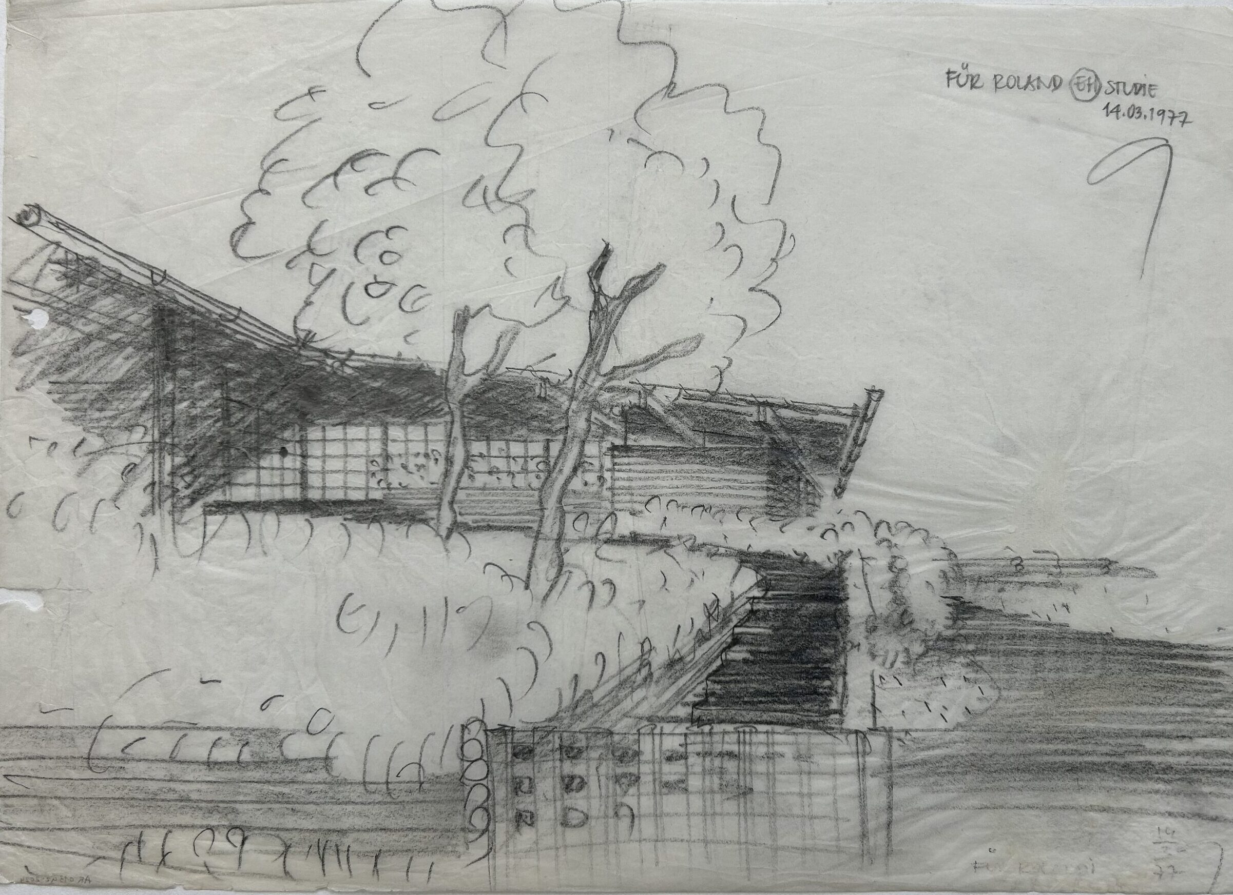 Gerhard Garstenauer (1925–2016), Wohn- und Atelierhaus Gerhard Garstenauer, Schwarzenberg-Promenade 1 (Gänsbrunn 2); Eigenheim, 1977, Transparenzpapier,Bleistift © Salzburg Museum