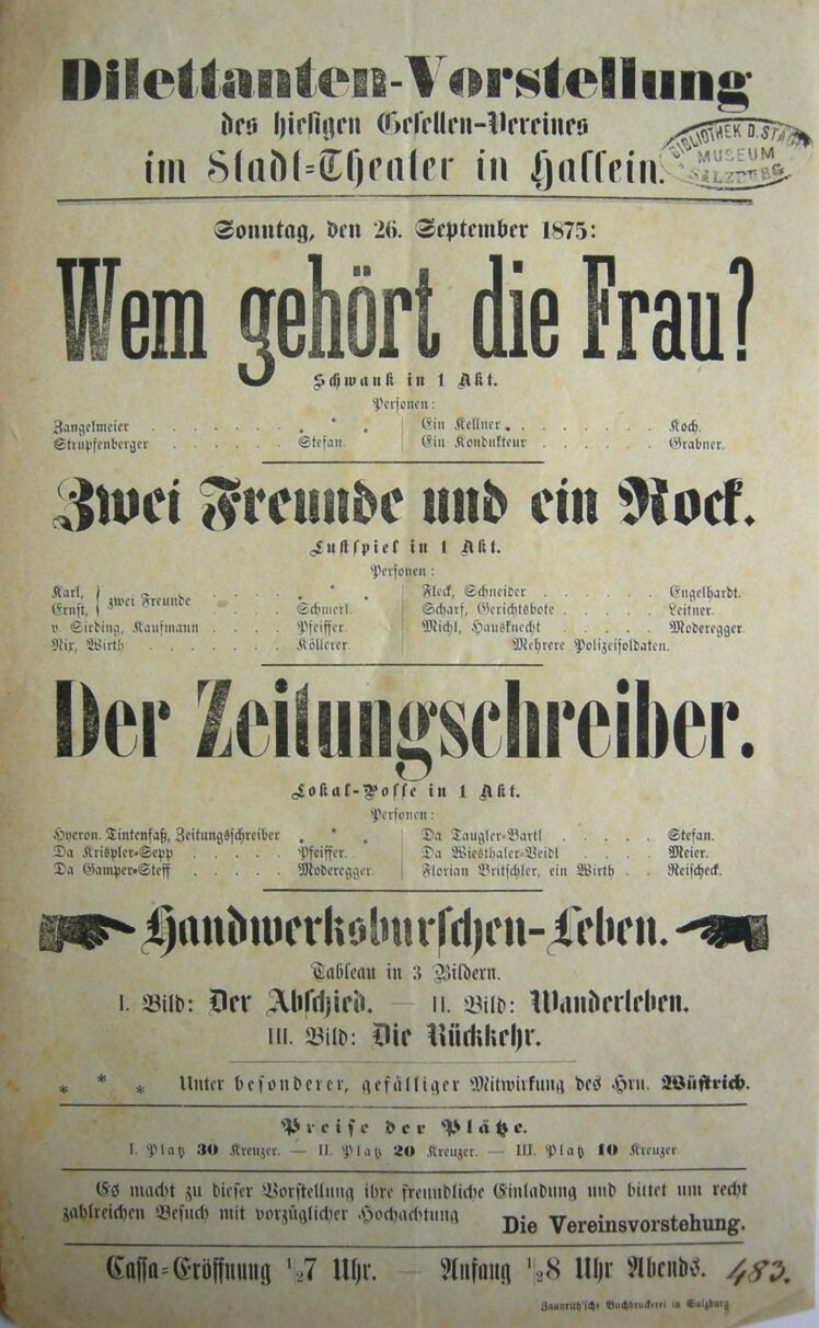 Gesellen-Verein Hallein, Herausgeber, Stadt-Theater Hallein, Körperschaft, Wem gehört die Frau?, 1875, Papier, Druck, 34,2 x 21 cm, Inv.-Nr. BIB TZH 41 © Salzburg Museum