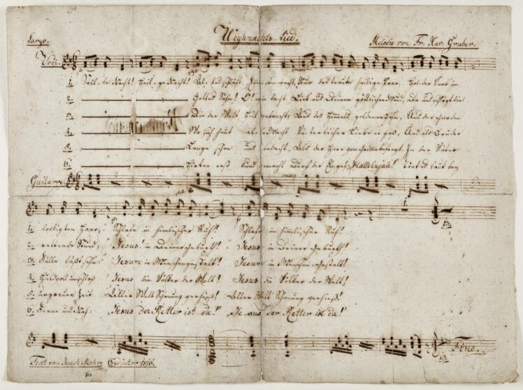 Joseph Mohr (1792–1848), Text, Franz Xaver Gruber (1787–1863), Musik, Weihnachtslied "Stille Nacht! Heil'ge Nacht!", Um 1820, Eisengallustinte auf Büttenpapier, 27 x 35,8 cm, Inv.-Nr. BIB HS 2589 © Salzburg Museum (Geschenk des Salzburger Museumsvereins)