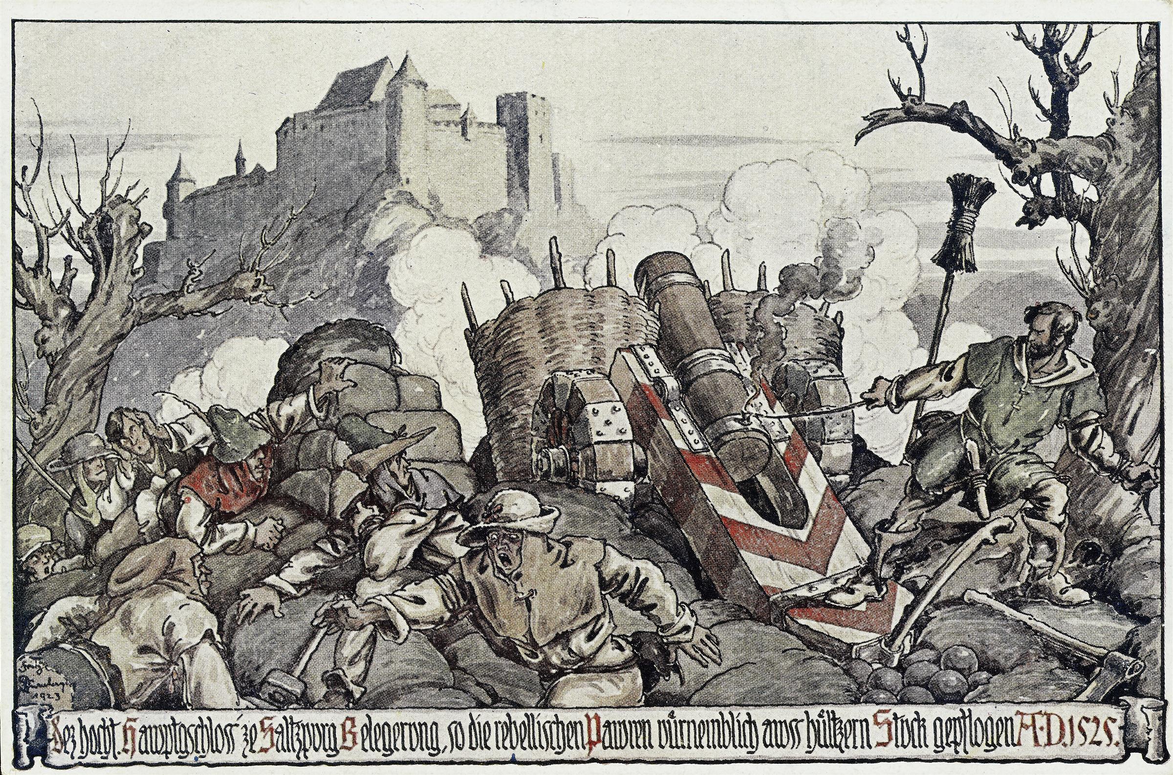 Fritz Dürnberger (1892 - 1926), Festung Hohensalzburg, Bauernbelagerung unter Erzbischof Lang, Angriff, 1923, Papier, Druck nach Gouache © Salzburg Museum