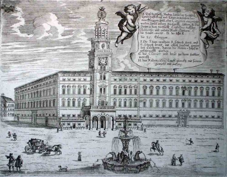Christoph Lederwasch (1651–1705),, Neue Residenz mit Glockenspiel und Residenzbrunnen, 1704, Radierung, Inv.-Nr. 764-49