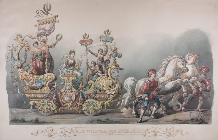 Josef (Joseph) Salb (1845 – 1904), Skizze des Festwagen zum Salzburger Sängerfest, 1889, Aquarell auf Papier, Inv.-Nr. 1009-2020 © Salzburg Museum (Dauerleihgabe Salzburger Museumsverein)