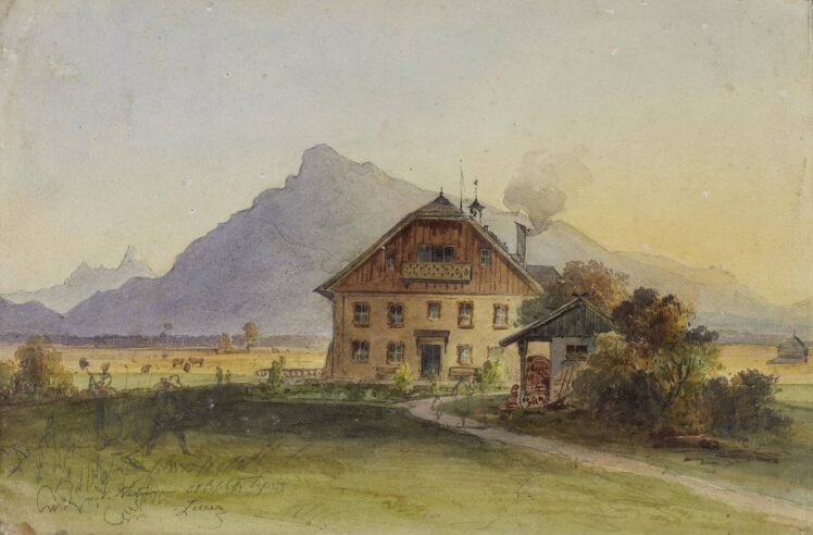 Friedrich (Fritz) Zeller (1817–1896), Bauernhaus vor der Kulisse des Untersberg, Bleistift, Aquarell auf Papier, 1885, Inv.-Nr. 1018-2021 © Salzburg Museum (Dauerleihgabe Salzburger Museumsverein)