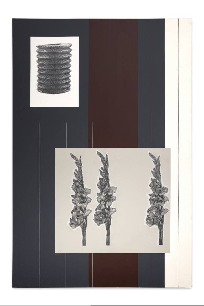 Roman Patrick Scherrer, ohne Titel 2023, Bleistift, Buntstift und Acryl auf Malkarton, 150 x 100 cm, (Gladiolen), Inv.-Nr. 1233-2024