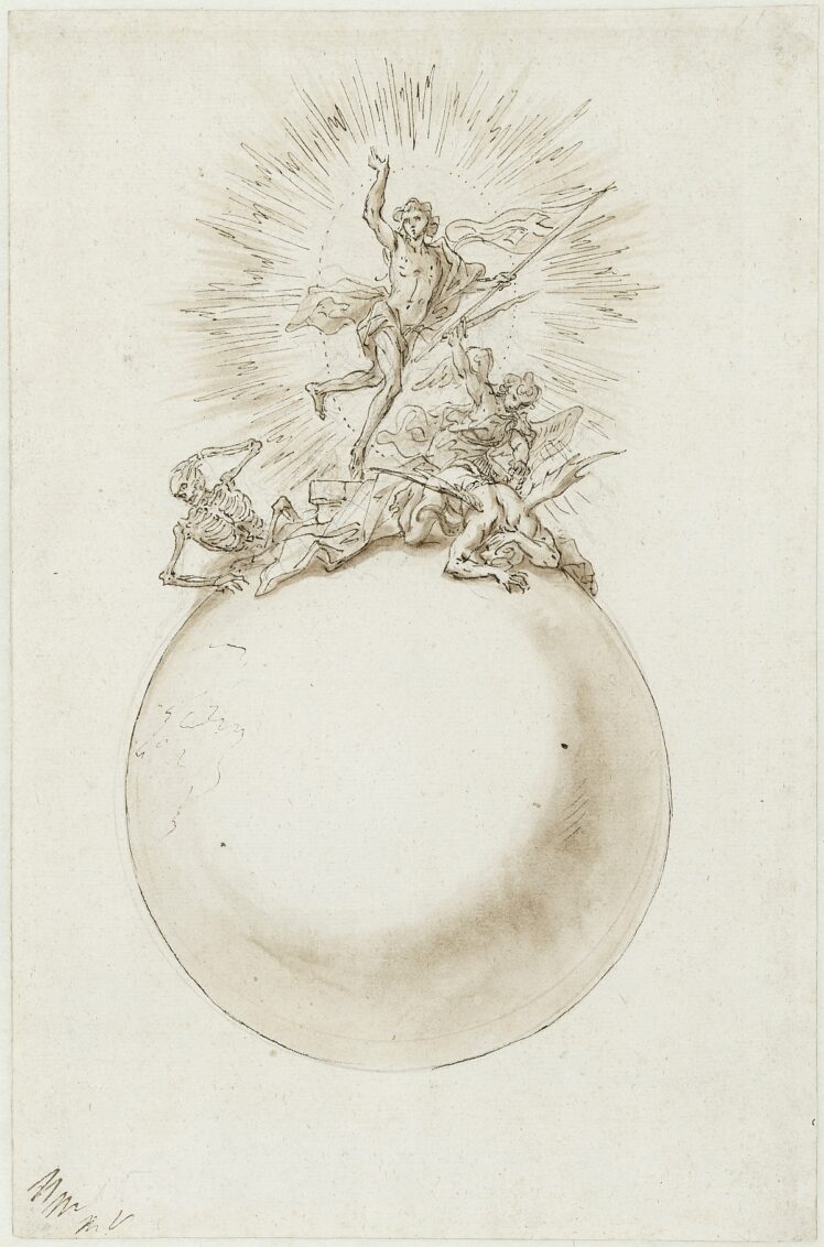 Martino Altomonte (1657–1745), Christus als Sieger über Tod und Hölle, Um 1723, Feder in Bister über Bleigriffel, braun laviert auf dünnem, sehr dichten Hadern, umseitig beschnitten, 30,4 x 19,9 cm, Inv.-Nr. RO 1080 © Salzburg Museum (Sammlung Rossacher)