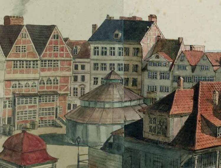 Hubert Sattler (1817 - 1904), Der neue Markt in Hamburg, 1833–1834, Tuschfeder, Bleistift, Aquarell, Papier gestückelt © Salzburg Museum