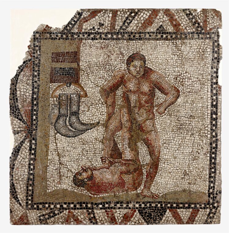 Mosaik mit Darstellung einer Ringerszene, Römische Kaiserzeit, Stein, Mörtel, 820 x 840 cm, Fundort: Salzburg Stadt, Mozartplatz, Inv.-Nr. ARCH 2847 12 © Salzburg Museum