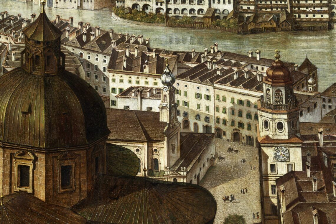 Der Dombezirk im Herzen des UNESCO-Welterbes, von Sattler so kunstvoll wie detailliert in seinem Salzburg-Panorama dargestellt. © Salzburg Museum