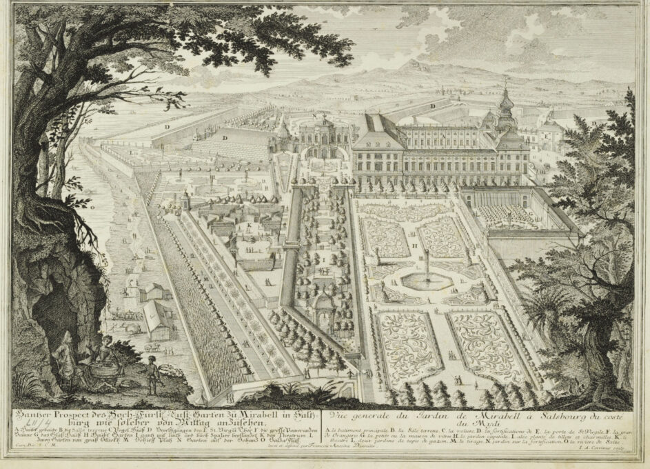 Die Orangerie Salzburg im Garten von Schloss Mirabell auf einem Stich von Franz Anton Danreiter (1695–1760), um 1730. © Salzburg Museum