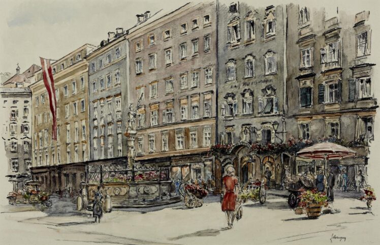 Josef Felsinger (1908–1972), Alter Markt in Salzburg, Um 1960, Kohle, Aquarell auf Papier, 48 x 63 cm, Inv.-Nr. 1180-2020 © Salzburg Museum