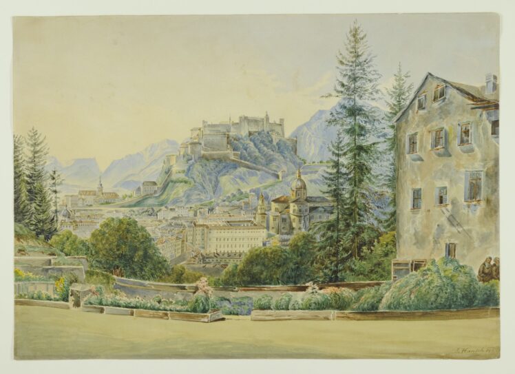 Anton Hansch (1813–1876), Blick auf Salzburg vom Garten des Kapuzinerklosters, 1845, Aquarell auf Papier. Altes Passepartout, 32,4 x 45,9 cm, Inv.-Nr. 1013-97 © Salzburg Museum (Schenkung Wilhelm Traunwieser)