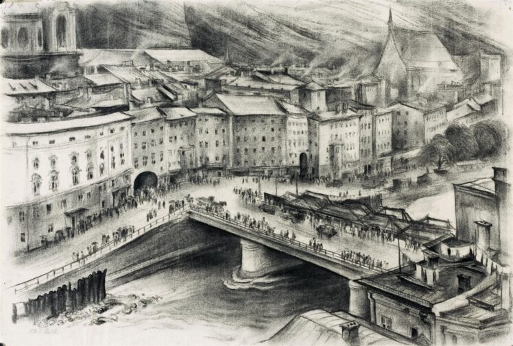 Albert Birkle (1900–1986), Staatsbrücke Salzburg, Um 1945, Kohle auf Papier, 39 x 57,5 cm, Inv.-Nr. 242-53 © Salzburg Museum (Ankauf 1953)