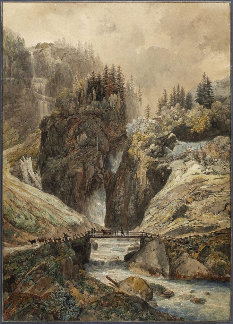 Thomas Ender (1793–1875), Stegfeldbrücke im Kapruner Tal mit Wasserfall, Hirten und Vieh, 1823–1829, Aquarell auf Papier, 38,3 x 27,5 cm, Inv.-Nr. 1467-2016 © Salzburg Museum (Dauerleihgabe Salzburger Museumsverein)