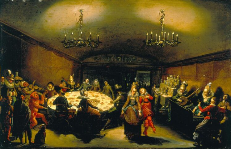 Künstler*in unbekannt, Gesellschaftsszene (Carnevalsfest, Mummenschanz) (Der verlorene Sohn bei einem Bankett?), 1610–1620, Öl auf Holz, 26,5 x 41 cm, Inv.-Nr. 1023-90 © Salzburg Museum (Ankauf 1990)