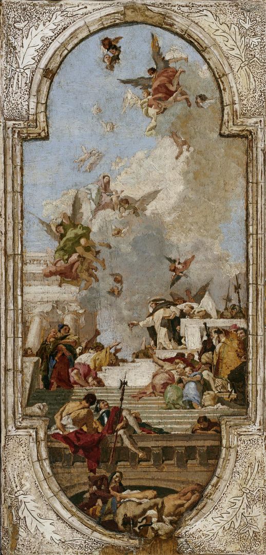 Giovanni Battista Tiepolo (1696–1770), Einsetzung des Rosenkranzes, 1737, Öl auf Holz, 35,8 x 17,5 cm, Inv.-Nr. RO 0317 © Salzburg Museum (Sammlung Rossacher)