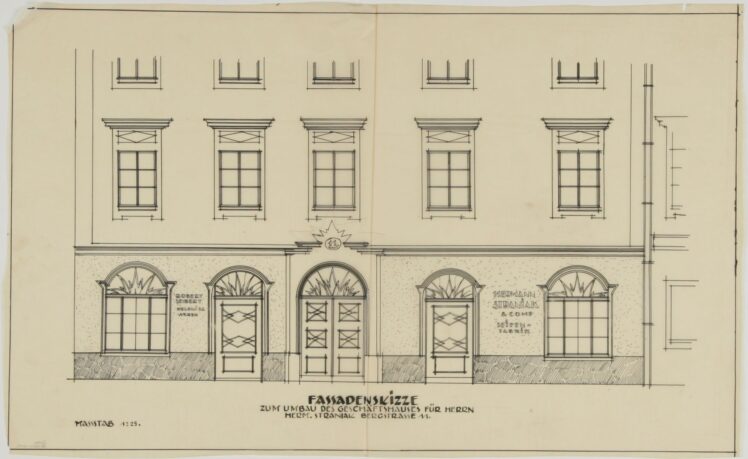 Eduard Hütter (1880–1967), Entwürfe zum Umbau des Geschäftshauses des Herrn Straniak in der Bergstraße 11 in Salzburg, Fassadenentwurf 1:25, 1924, Tusche, Bleistift auf Transparentpapier, 45,5 x 73,5 cm, Inv.-Nr. AR 026 a-2012 © Salzburg Museum