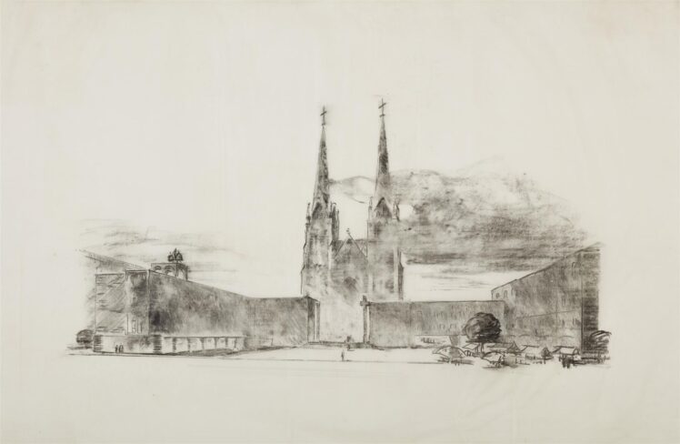 Martin Knoll (1888–1937), Wunibald Theodor Deininger (1879–1963), Projekt Mirabellplatzverbauung, Ansicht von Westen (nicht ausgeführt), 1932, Kohle auf Transparentpapier, 76 x 117 cm, Inv.-Nr. AR 010 a-2014 © Salzburg Museum