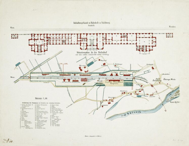 J. Oberer Lithographische Anstalt (*1831), Bahnhof Salzburg, Grundriss des Aufnahmsgebäudes und Situationsplan, Vor 1866, Lithografie, 34,8 x 44,9 cm, Inv.-Nr. 6049-49 © Salzburg Museum