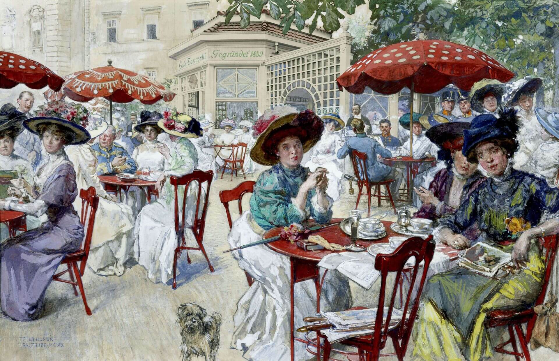 Theodor (Josef) Ethofer (1849–1915), Der Tomaselli Kiosk, 1910, Tempera auf Karton (auf fotografischer Grundlage), Inv.-Nr. 1046-88 © Salzburg Museum