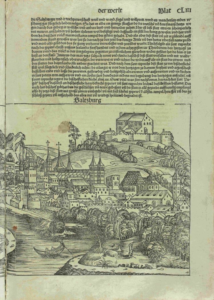 Hartmann Schedel, Illustrationen von Michael Wolgemut (1434 - 1519) und Wilhelm Pleydenwurff (1460 - 1494): 
Buch der Chroniken (Liber chronicarum), 1493, Papier, Pappe, Druck, 43,5 x 31,4 x 6,5 cm, Inv.-Nr. BIB INK 1, © Salzburg Museum/Rupert Poschacher