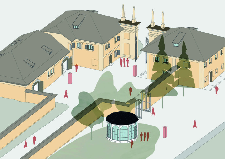 Depiction of the building ensemble in Hellbrunn, consisting of the coach house, hunters' and zookeepers' lodge, and the Sound of Music Gazebo. © Eidos Architektur ZT GmbH