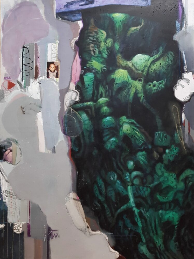 Stefan Kreiger, "Männerpolitik", 2021, Acryl, Collage auf Leinwand, Ankauf bei Galerie Haas & Gschwandtner, Salzburg, Stefan Kreiger/© Bildrecht, Wien