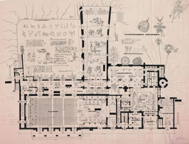 Lionel Favre, Kunst im Haus (Vorlage/Originalplan: Grundriss des Festspielhauses und der Felsenreitschule, 1933), Tusche auf Papier, Foto: Salzburg Museum, Ankauf bei Galerie Mario Mauroner, Salzburg, http://www.lionelfavre.ch/
