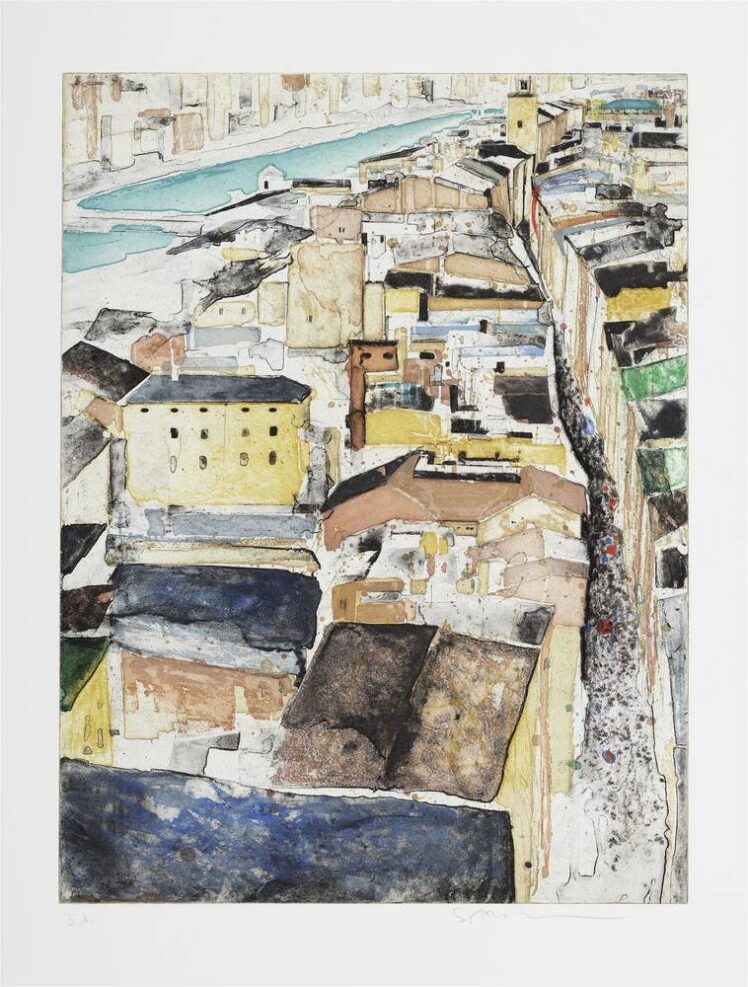 Salzburg, Getreidegasse (vom Mönchsberg), Gottfried Salzmann (*1943), 1995, Material / Technik: Farbradierung. Gedruckt von Kurt Zein Wien, für Dr. Hans Widrich Edition Salzburg, Salzburg Museum, Inv.-Nr. 12204-2010