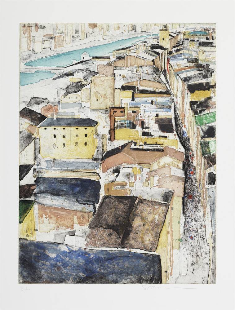 Salzburg, Getreidegasse (vom Mönchsberg), Gottfried Salzmann (*1943), 1995, Material / Technik: Farbradierung. Gedruckt von Kurt Zein Wien, für Dr. Hans Widrich Edition Salzburg, Salzburg Museum, Inv.-Nr. 12204-2010