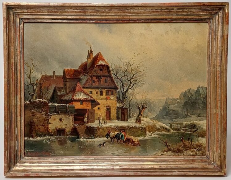 Anton Eggl (1816–1886), Winterliches Dorf nach niederländischem Vorbild, 1859, Öl auf Pappe, Inv.-Nr. 1322-2022 © Salzburg Museum (Dauerleihgabe Salzburger Museumsverein)