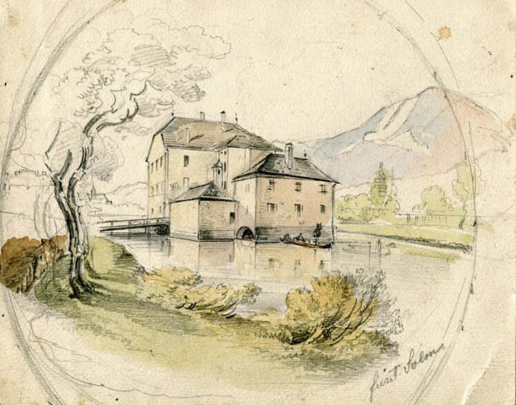 Friedrich (Fritz) Zeller (1817 – 1896), Schloss Freisaal in Salzburg, Ende 19. Jh., Aquarell, Bleistift auf Papier, Inv.-Nr. 1206-2022 © Salzburg Museum (Dauerleihgabe Salzburger Museumsverein)