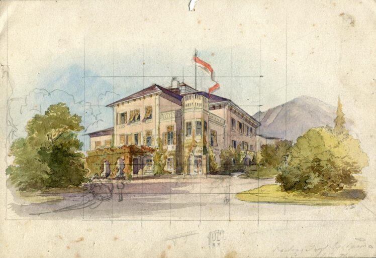 Friedrich (Fritz) Zeller (1817 – 1896), Villa Preuschen, Ende 19. Jh., Aquarell, Bleistift auf Papier, Inv.-Nr. 1207-2022 © Salzburg Museum (Dauerleihgabe Salzburger Museumsverein)