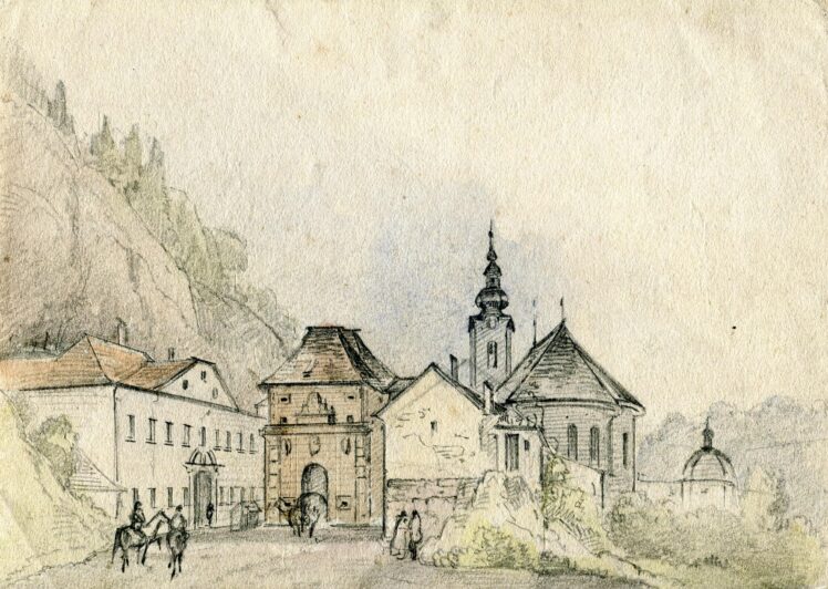 Friedrich (Fritz) Zeller (1817 – 1896), Stadttor in der Linzergasse mit St. Sebastianskirche, Ende 19. Jh., Aquarell, Bleistift auf Papier, Inv.-Nr. 1208-2022 © Salzburg Museum (Dauerleihgabe Salzburger Museumsverein)