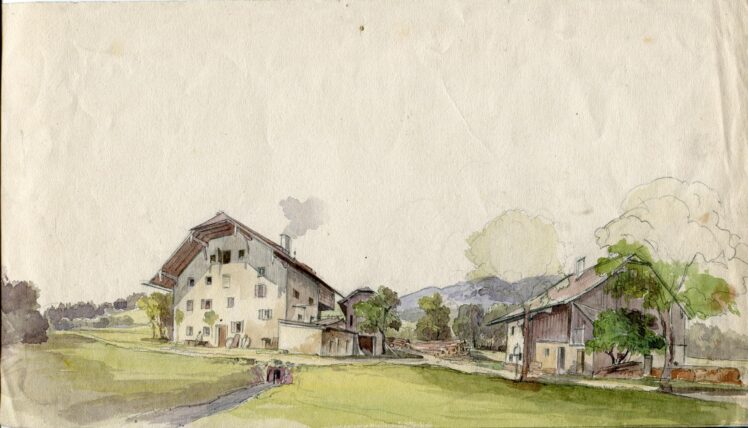 Friedrich (Fritz) Zeller (1817 – 1896), Bauernhäuser, Ende 19. Jh., Aquarell auf Papier, Inv.-Nr. 1193-2022 © Salzburg Museum (Dauerleihgabe Salzburger Museumsverein)