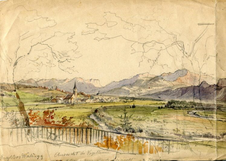 Friedrich (Fritz) Zeller (1817 – 1896), Blick von einer Vogeltenne bei Urstein auf Puch und Oberalm, Ende 19. Jh.,, Aquarell auf Papier, Inv.-Nr. 1194-2022 © Salzburg Museum (Dauerleihgabe Salzburger Museumsverein)