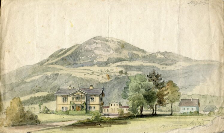 Friedrich (Fritz) Zeller (1817 – 1896), Villa mit Nebengebäude in Aigen (Baronin Stiglitz), Ende 19. Jh., Aquarell auf Papier, Inv.-Nr. 1195-2022 © Salzburg Museum (Dauerleihgabe Salzburger Museumsverein)