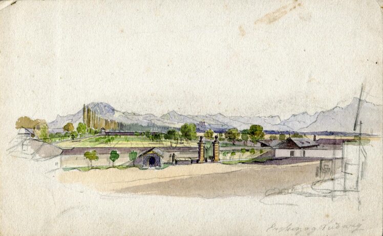 Friedrich (Fritz) Zeller (1817 – 1896), Seitliche Gartenanlage des Schloss Klessheim mit Klessheimer Allee, Ende 19. Jh., Aquarell auf Papier, Inv.-Nr. 1197-2022 © Salzburg Museum (Dauerleihgabe Salzburger Museumsverein)