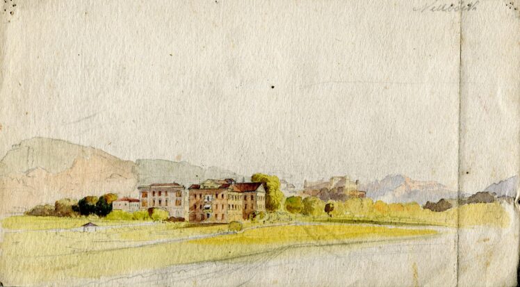 Friedrich (Fritz) Zeller (1817 – 1896), Hotel Nellböck und die alte Schießstätte, Ende 19. Jh., Aquarell auf Papier, Inv.-Nr. 1199-2022 © Salzburg Museum (Dauerleihgabe Salzburger Museumsverein)