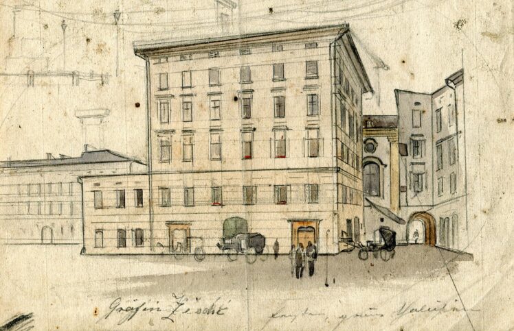 Friedrich (Fritz) Zeller (1817 – 1896), Neue Residenz und ehem. Waaghaus (heute Waagplatz Nr. 3), Ende 19. Jh., Aquarell auf Papier, Inv.-Nr. 1200-2022 © Salzburg Museum (Dauerleihgabe Salzburger Museumsverein)
