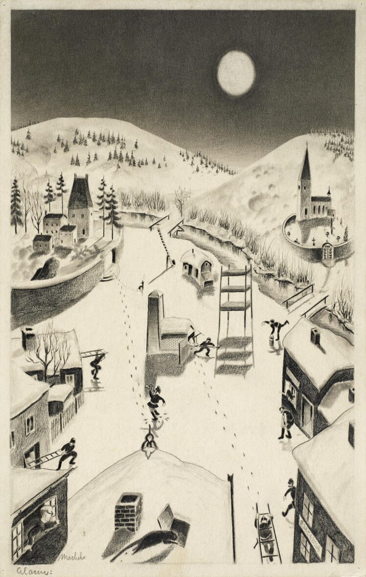 Anton Machek (1886 – 1944), Alarm, um 1930, Bleistift, Farbstift auf Papier, Inv.-Nr. 1286-2022, Salzburg Museum (Dauerleihgabe Salzburger Museumsverein) © Kunsthandel Widder, Wien)